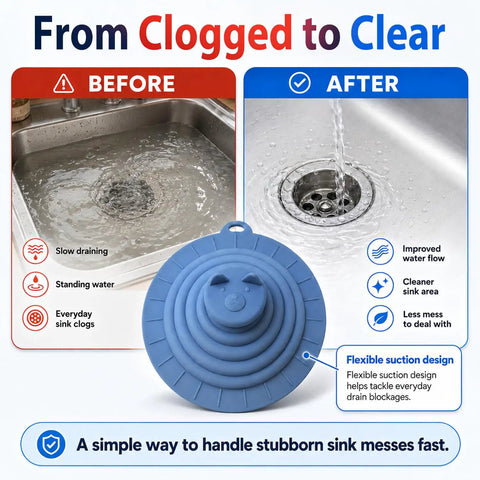 Six Inch Sleek Silicone Tub Stopper, Heavy Duty Bathtub Drain Plug With Rock Solid Suction Grip, Reusable No Fuss Anti Clog Kitchen Sink And Shower Cover, Blue, shown before and after use.