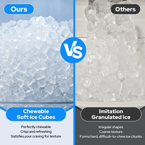 Comparison of chewable soft ice cubes from the Portable Countertop Nugget Ice Maker versus imitation granulated ice.