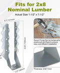Diagram and close-up of 2x8 Joist Hangers Set 50 Pcs 20 Gauge Heavy Duty Face Mount Rafter Brackets for installation details.