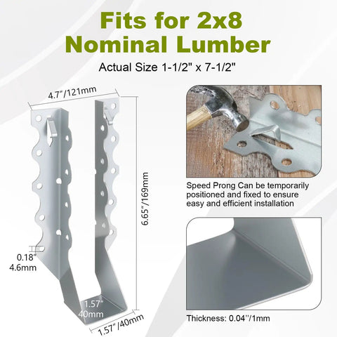 Diagram and close-up of 2x8 Joist Hangers Set 50 Pcs 20 Gauge Heavy Duty Face Mount Rafter Brackets for installation details.