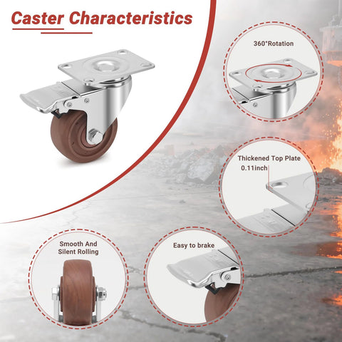 Image of 3 Inch Heavy Duty Casters Wheels Set Of Four With Brakes 1400 Pounds Capacity Glass Filled Nylon Heat Resistant To 475 Fahrenheit.