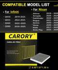 Image showing Activated Carbon Cabin Air Filter for Nissan Rogue 2021-2025, Altima 2019-2025, with model compatibility list.