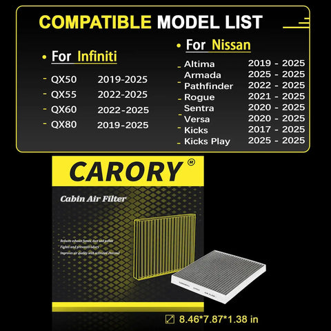 Image showing Activated Carbon Cabin Air Filter for Nissan Rogue 2021-2025, Altima 2019-2025, with model compatibility list.