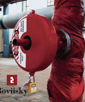 Red ABS Gate Valve Lockout installed on pipe, heavy duty locking device for 6.5 to 10 inch handles, corrosion resistant safety lock