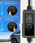 Top Tier Level 2 EV Charger, 40 Amp 240 Volt Home Hookup Station with adjustable current and time controls on LCD.