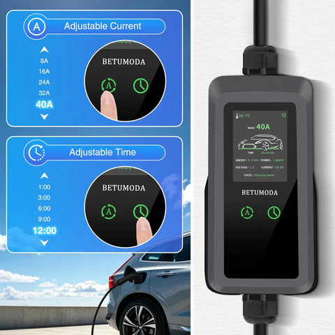 Top Tier Level 2 EV Charger, 40 Amp 240 Volt Home Hookup Station with adjustable current and time controls on LCD.
