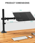 Adjustable Laptop Desk Mount Arm For 17 Inch Laptops And 32 Inch Monitors, Holds Up To 22 Lbs, Ventilated Tray, side view, dimensions shown