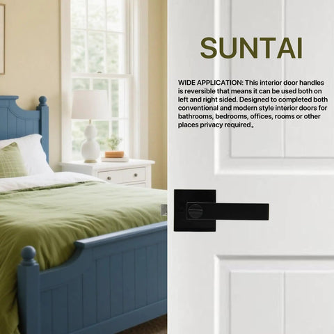 Six Pack Matte Black Privacy Door Levers With Square Plate Locks For Bedroom And Bathroom, Durable Zinc Alloy Interior Door Handles For Home Improvement, Easy Install on a bedroom door