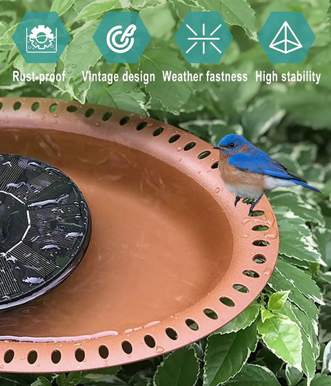 Extra Large Freestanding Bird Bath With Oval Chocolate Basin Detachable Decor Spa Metal Stake Stand And Bird Feeder For Outdoor Garden Durable Weatherproof Bird Bath For Patios And Yards, showing oval tray with bird perched on rim