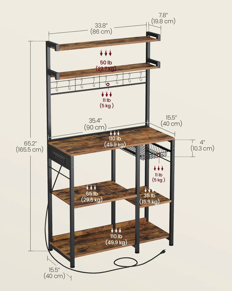 Top Tier Metal Baker Rack With Microwave Stand Rock Solid Kitchen Storage Shelf Featuring Eight Heavy Duty Hooks And A Roomy Wire Basket Super Convenient For Everyday Cooking And Coffee Bars