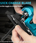 Hands demonstrating blade change on 20V Brushless Cordless Jig Saw With 4.0Ah Battery, Four Orbital Action, Heavy Duty Variable Speed LED Cut Line Light, Includes 12 Blades, Mini Jigsaw For Wood And Metal Cutting, Great For Fine Curves And Straight Cuts.