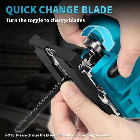 Hands demonstrating blade change on 20V Brushless Cordless Jig Saw With 4.0Ah Battery, Four Orbital Action, Heavy Duty Variable Speed LED Cut Line Light, Includes 12 Blades, Mini Jigsaw For Wood And Metal Cutting, Great For Fine Curves And Straight Cuts.