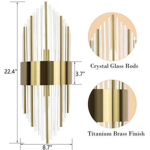 Modern Gold Crystal Wall Sconces Two Pack 2 Light Brass Glass Wall Light Fixtures dimensions and titanium brass finish details