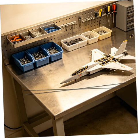 Workbench with tools, RC model plane, and Pro Grade Carbon Fiber Rods Set Of Ten 2mm By 500mm for RC planes and drones visible.