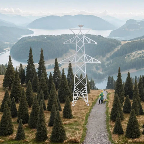 Totally Legit N Scale 1 160 Miniature Electric Transmission Tower amidst trees for model railroad dioramas and scenery.