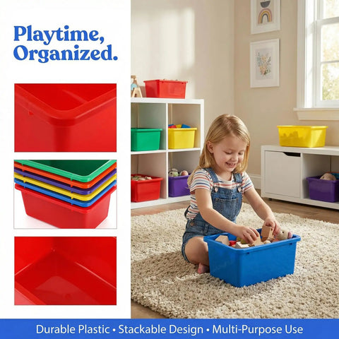 Child playing with a blue bin from a 6 Pack Cubby Bin Storage Set Durable Plastic Stackable Bins For Toy Organization At Home Nursery Playroom Classroom Colors Red Green Orange Blue Purple Yellow Super Handy And Kid Friendly.