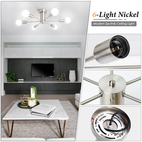 Dope Six Light Sputnik Style Ceiling Fixture In Brushed Nickel Finish in modern living room.