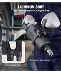1 Inch Air Impact Wrench Delivers 2730 Ft Lbs Breakaway Torque as a lightweight aluminum body tool with dual handles.