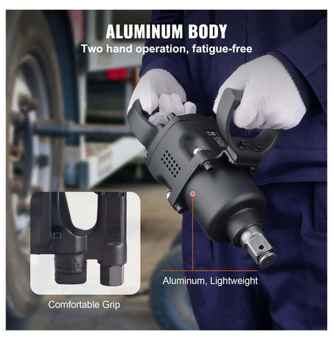 1 Inch Air Impact Wrench Delivers 2730 Ft Lbs Breakaway Torque as a lightweight aluminum body tool with dual handles.