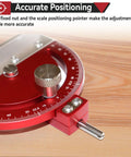 Close-up of Multi Angle Drill Press Protractor Square With Adjustable -85 To 85 Degrees Aluminum Alloy Angle Finder, vernier scale visible.