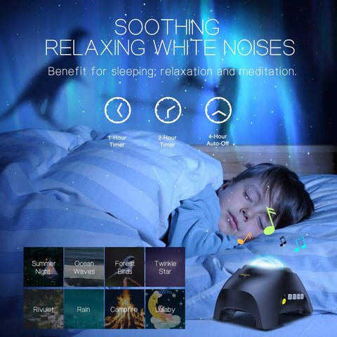 Child sleeping with soothing aurora lights from Galaxy Light Aurora Projector With 33 Effects LED Star Projector For Bedroom.