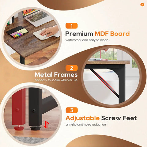 Close-up features of Compact 32 Inch Computer Desk In Brown With Steel Frame And Adjustable Feet, showing MDF board and screw feet.