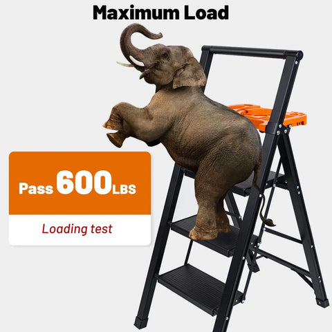 Aluminum Three Step Ladder With Tool Tray 600 Lbs Heavy Duty Lightweight Step Stool With Extended Handrails And Work Platform For Home Maintenance And DIY Projects Black And Orange, 3-step black ladder with orange tray holding 600 lbs