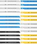 Top Shelf 24 Piece High Carbon Steel Jigsaw Blade Set Packing Killer U Shank Design For Savage Cuts Through Wood Metal And Plastic With Assorted Tooth Counts For Pro Level Garage Projects, showing various blade types and sizes.