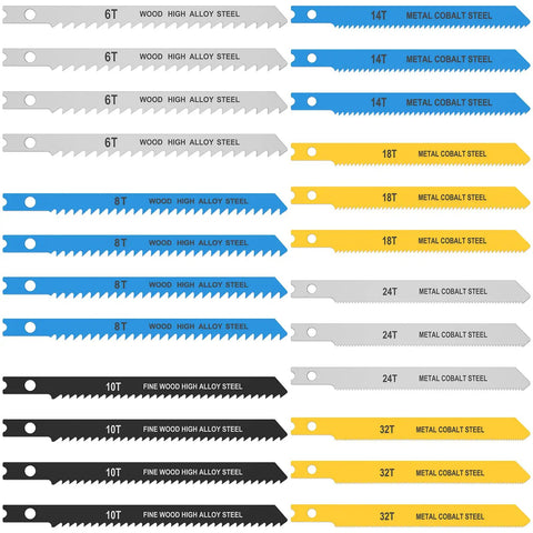 Top Shelf 24 Piece High Carbon Steel Jigsaw Blade Set Packing Killer U Shank Design For Savage Cuts Through Wood Metal And Plastic With Assorted Tooth Counts For Pro Level Garage Projects, showing various blade types and sizes.
