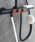 CUTPOIY Shower Set, Wall Bathroom Shower Mixers, Black Golden Brass Rainfall Concealed Shower System Embedded Box Mixer Valve, 10 Inch-A with red knobs and hoses.