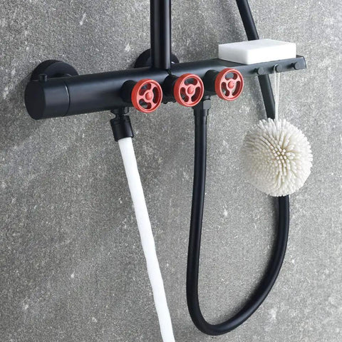 CUTPOIY Shower Set, Wall Bathroom Shower Mixers, Black Golden Brass Rainfall Concealed Shower System Embedded Box Mixer Valve, 10 Inch-A with red knobs and hoses.