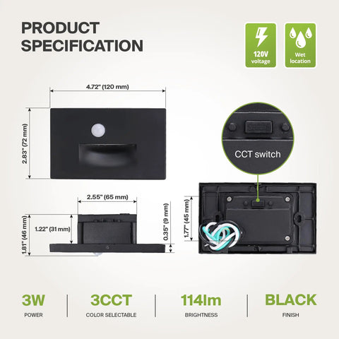 Hardwired Recessed Stair Step Light Kit For Indoor Outdoor Use 3CCT (3000K-5000K) Motion Sensor Waterproof ETL Listed 3W 120LM Black Finish 4 Pack Ideal For Architectural Stairs And A Safe Soft Glow For Hallways product specification diagram showing dimensions and CCT switch details