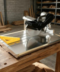 Pro Grade 45 Degree Tile Miter Tool With Precision Guide on a workshop table, showing durable ABS construction and 45-degree lock feature.
