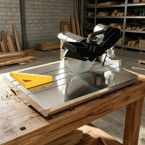 Pro Grade 45 Degree Tile Miter Tool With Precision Guide on a workshop table, showing durable ABS construction and 45-degree lock feature.