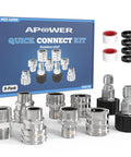APOWER stainless steel pressure washer quick-connect kit, 9-pack, front view with blue box and silver adapters