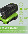 40V Li Ion Battery Charger With Diagnostic LED And Wall Mount For Fast Charge Of 2.0Ah Packs In 60 Minutes Or 4.0Ah Packs In 120 Minutes displayed with green casing and safety features icons.