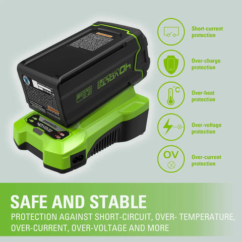 40V Li Ion Battery Charger With Diagnostic LED And Wall Mount For Fast Charge Of 2.0Ah Packs In 60 Minutes Or 4.0Ah Packs In 120 Minutes displayed with green casing and safety features icons.