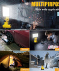 Cordless LED Work Light With 48W Output And 5760 Lumens used in garage, camping, power cuts, and emergencies; DeWalt battery compatible.