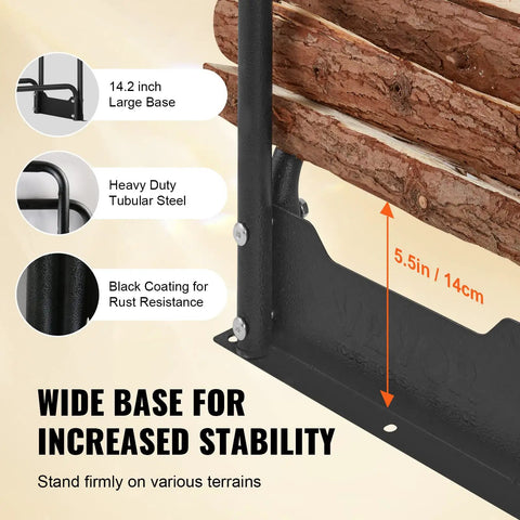 Close-up view of Beefy Heavy Duty Outdoor Firewood Rack With Waterproof 600D Oxford Cover, showing the 14.2-inch steel base and logs.
