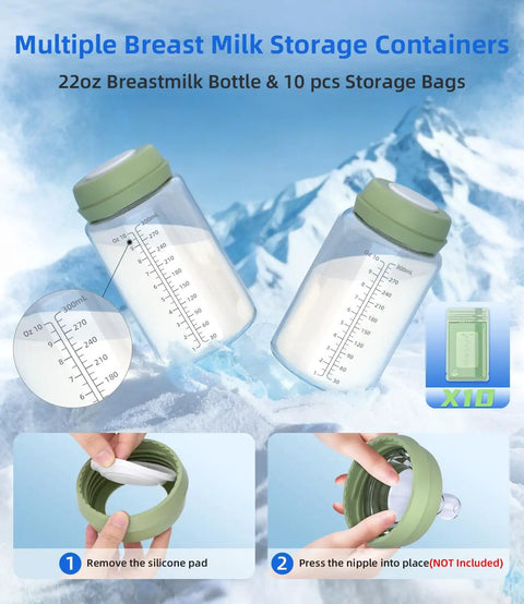 Premium Grab And Go 22 Ounce Stainless Steel Breastmilk Cooler For Travel with 22oz bottle and 10 storage bags for easy milk transport.