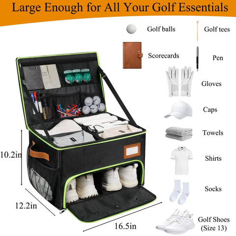 Double Layer Golf Trunk Organizer With Shoe Compartment And Waterproof Storage, 3 Main Compartments, Black and Green