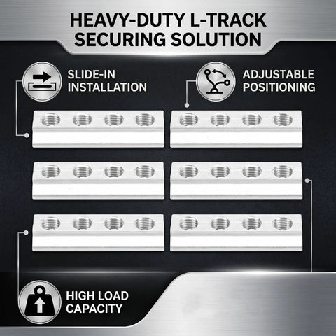 Heavy Duty Truck Bed T Slot Nuts 8mm Tie Down Hardware Easy Slide Into L Track, 6-piece metal set for adjustable cargo placement.