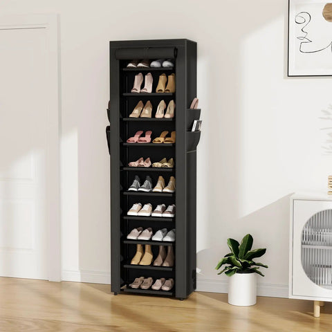 Vertical Narrow Shoe Rack Organizer Ten Tier Tall Shelf That Holds 20 To 22 Pairs, Space Saving Design in Black with Shoes