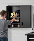 Sturdy Steel Wall Cabinet for Garage and Home Storage, 30W x 12.2D x 30H Inches, Locking Doors, Adjustable Shelves, Holds Up To 120 Lbs Per Shelf, Space Saving Floating Cabinet for Tools and Supplies, Wall Mounted, Black, open with shelves