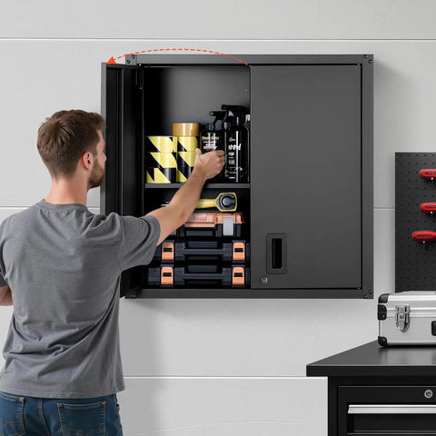 Sturdy Steel Wall Cabinet for Garage and Home Storage, 30W x 12.2D x 30H Inches, Locking Doors, Adjustable Shelves, Holds Up To 120 Lbs Per Shelf, Space Saving Floating Cabinet for Tools and Supplies, Wall Mounted, Black, open with shelves