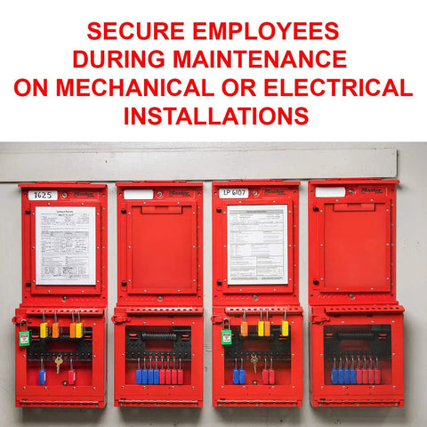 Heavy Duty Wall Mount Group Lock Box Keeping Job Site Gear Safe With Tough As Nails Steel Design Ensures Your Keys And Padlocks Stay Put Through Any Workday securely mounted on a wall with keys and padlocks.