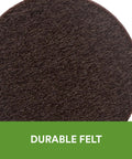 Close-up of a brown felt pad labeled 'Durable Felt' from Brown 32 Pack Felt Furniture Pads 1 Inch Round Self Stick Protect Hardwood Floors From Dings Dents And Scratches Easy To Apply Quick Install Chair Leg Caps For Tables Lamps And Decor