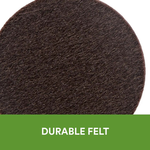 Close-up of a brown felt pad labeled 'Durable Felt' from Brown 32 Pack Felt Furniture Pads 1 Inch Round Self Stick Protect Hardwood Floors From Dings Dents And Scratches Easy To Apply Quick Install Chair Leg Caps For Tables Lamps And Decor