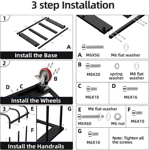 3-step installation guide for Heavy Duty Folding Table Cart With 1800 LB Capacity And 10 Table Load, showing base, wheels, handrails.
