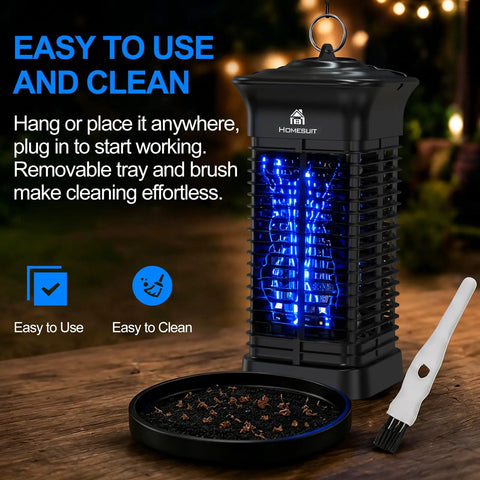 High Powered Bug Zapper 15W 4000V For Indoor And Outdoor Mosquito Killer with 365 nm Light Attractant, removable tray, and brush.